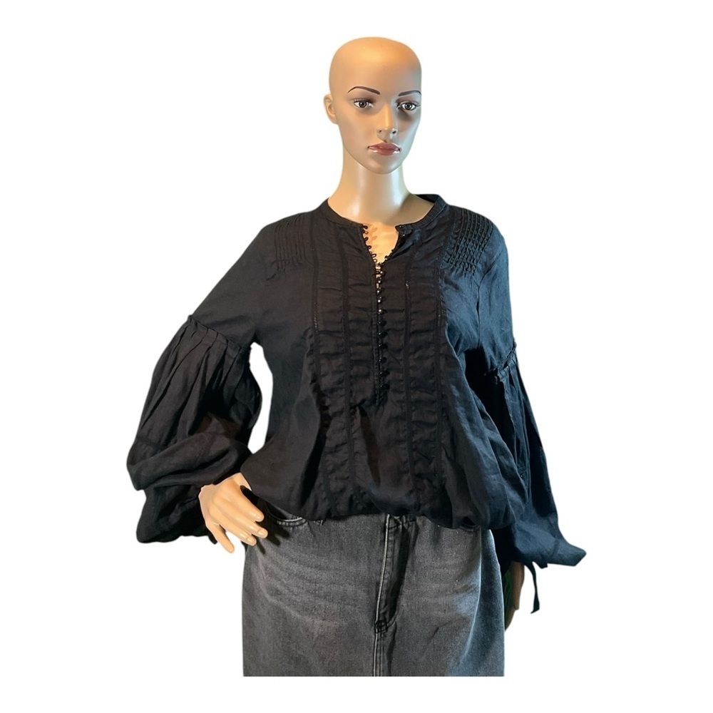 Free People Women’s High Swells Black Linen Boho Peasant Top Blouse Size Medium